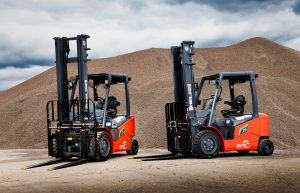2 HELI Lithium Forklift Trucks at the Port of Sutton Bridge in high quality with a good background.